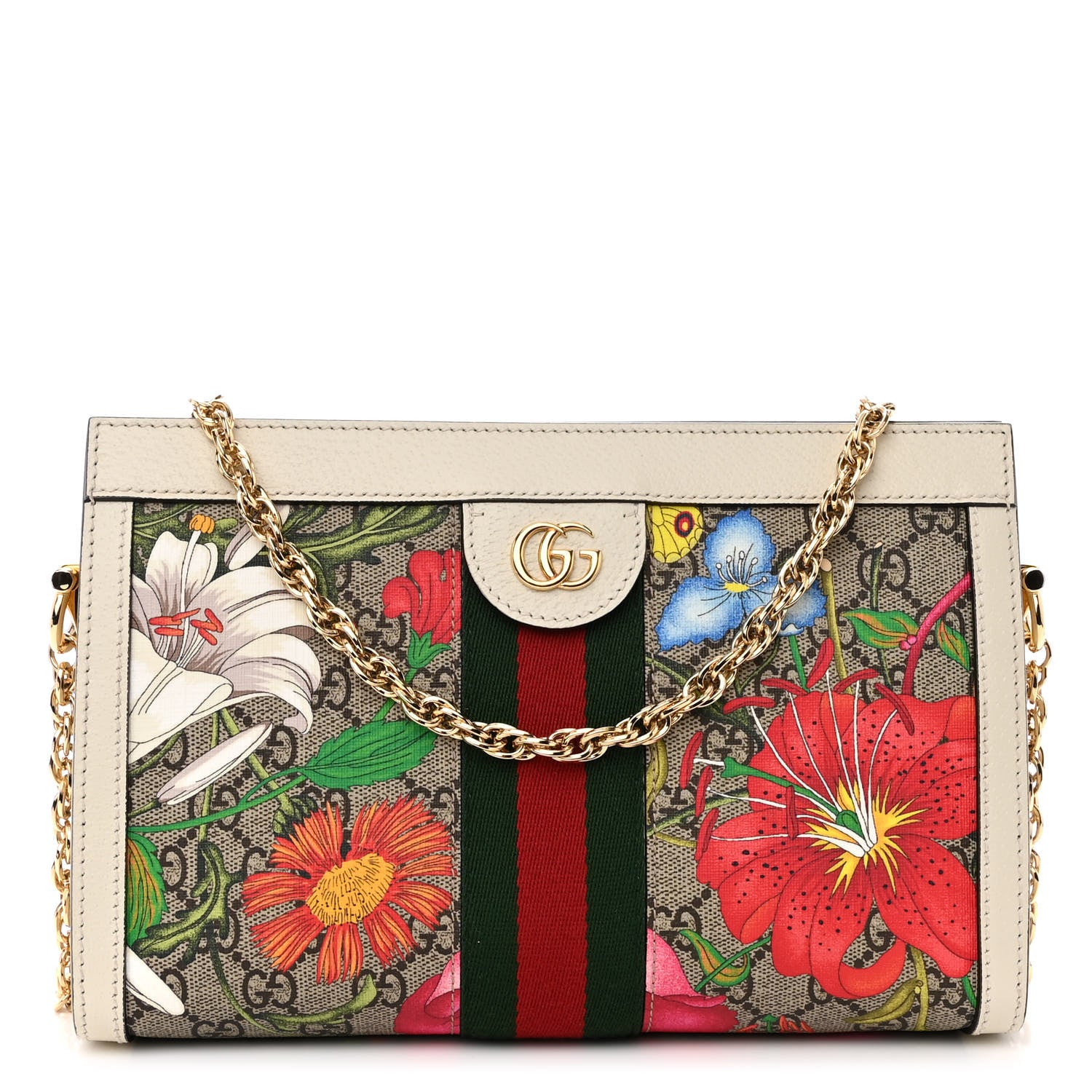 Gucci GG Supreme Monogram Flora Web Small Ophidia Chain Shoulder Bag White 1 of 10