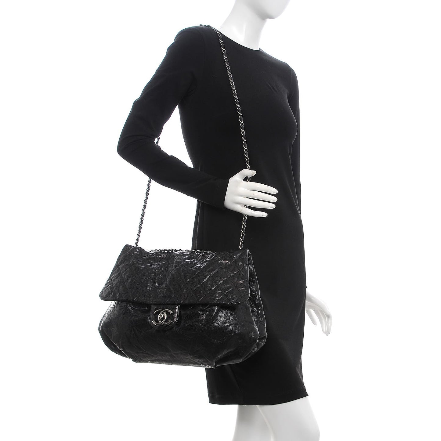 Crumpled Caviar Quilted Maxi Elastic Flap Black