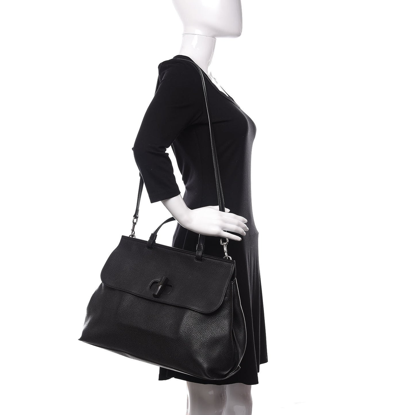 Pebbled Calfskin Large Bamboo Daily Top Handle Bag Black