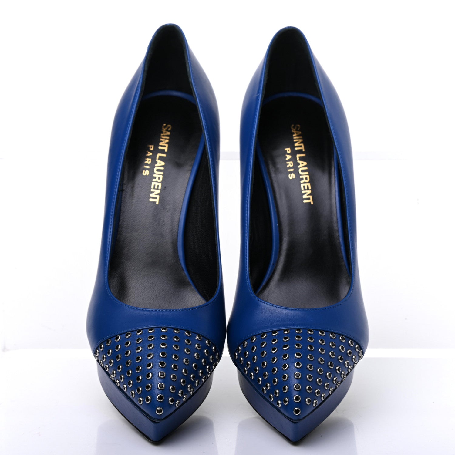 Saint Laurent Calfskin Studded Cap Toe Janis Platform Pumps 36.5 Blue 5 of 11