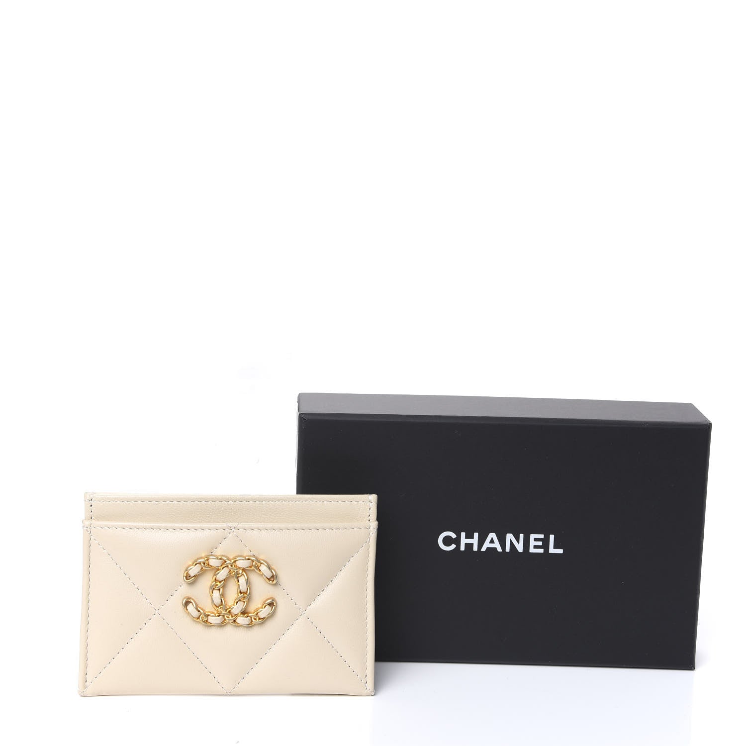 Chanel Shiny Goatskin Quilted Chanel 19 Card Holder Beige 8 of 8