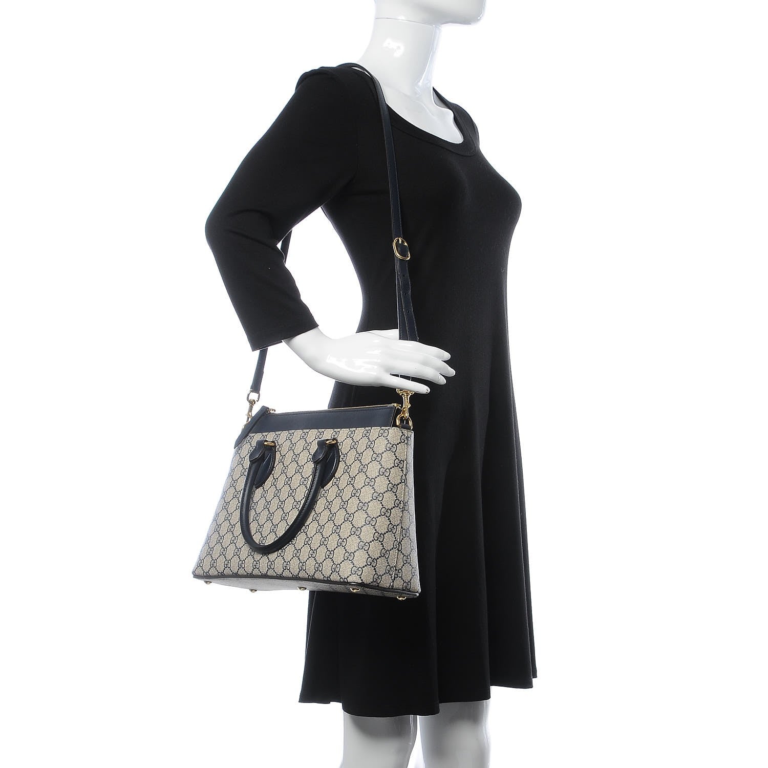 Gucci GG Supreme Monogram Small Zip Top Tote Beige Blue 2 of 10