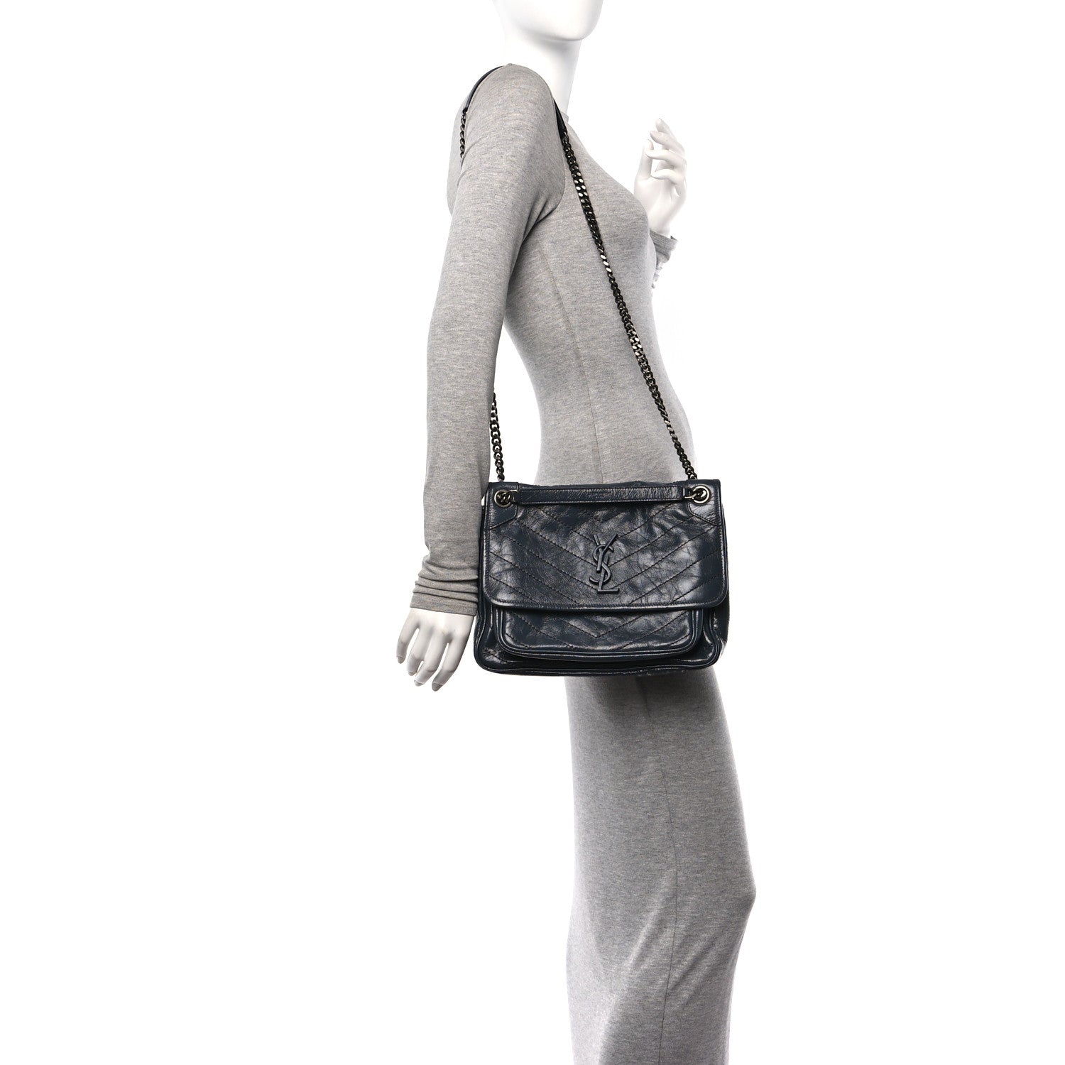 Saint Laurent Crinkled Calfskin Matelasse Monogram Medium Niki Chain Satchel Dark Smog 2 of 11