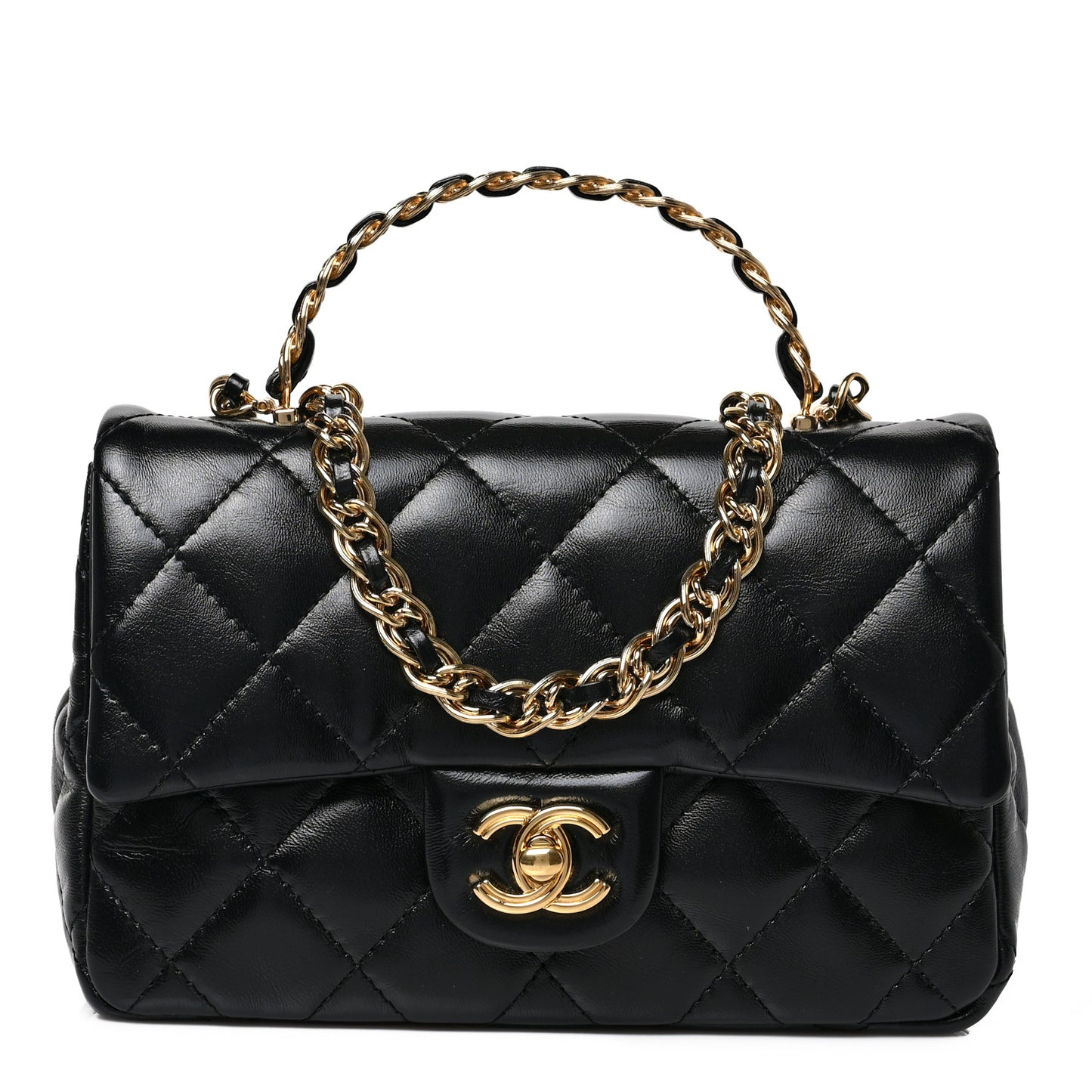 Shiny Lambskin Quilted Golden Links Top Handle Flap Black