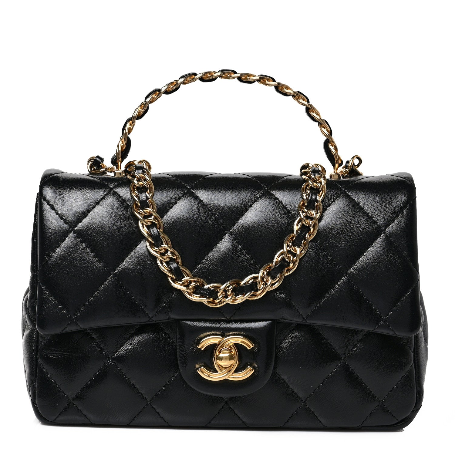 Chanel Shiny Lambskin Quilted Golden Links Top Handle Flap Black 1 of 9