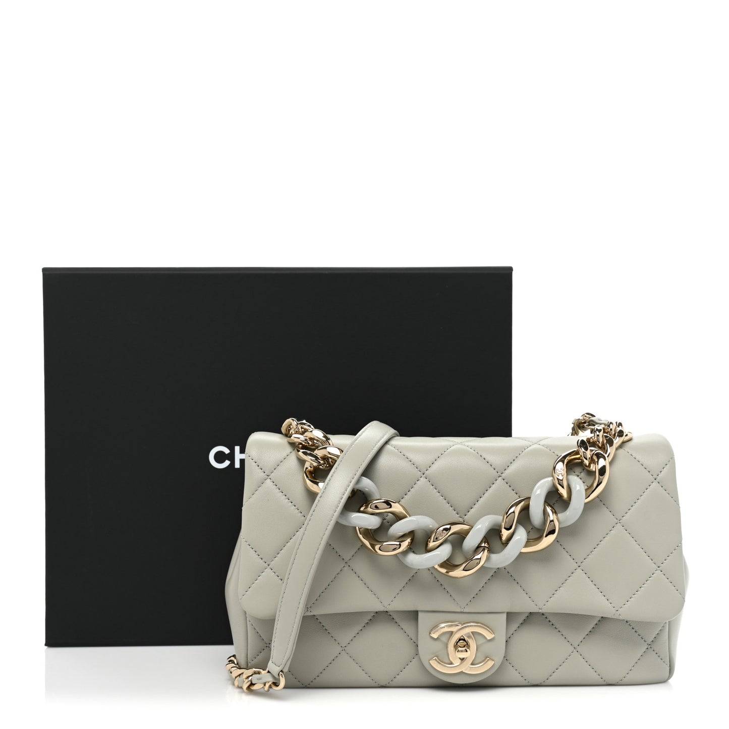 Lambskin Quilted Resin Bi-Color Chain Flap Bag Grey