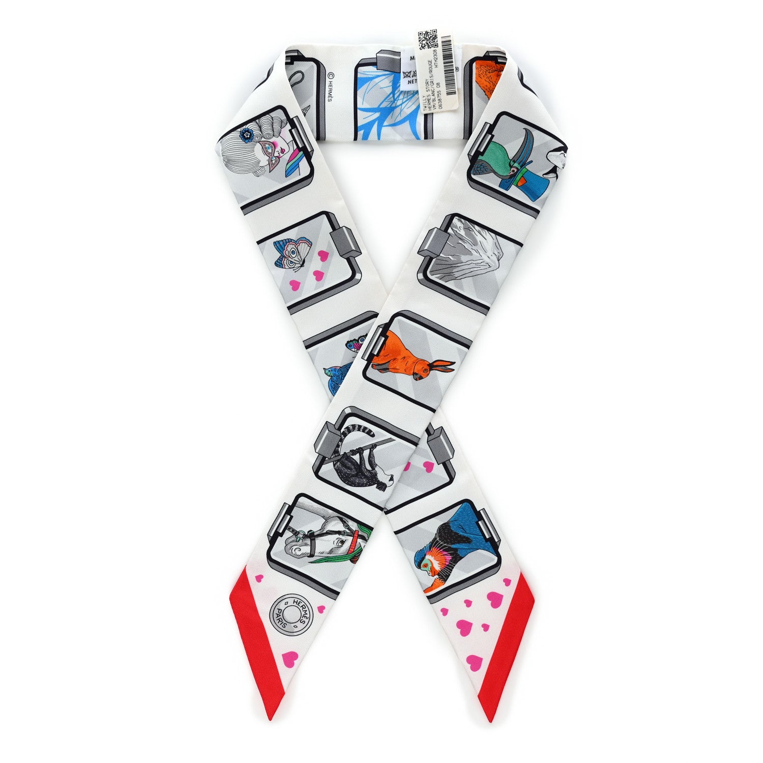 Hermes Silk Story Twilly White Gris Rouge 1 of 8