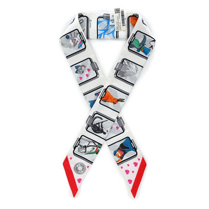 Hermes Silk Story Twilly White Gris Rouge 1 of 8