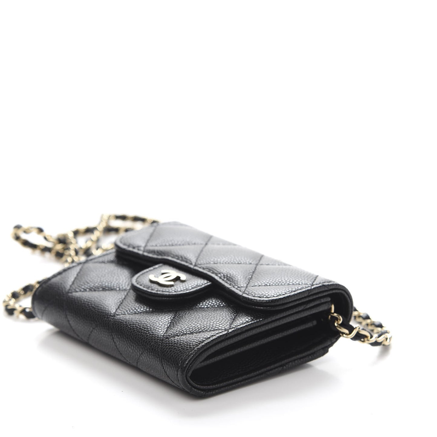 Caviar Quilted Flap Card Holder On Chain Black