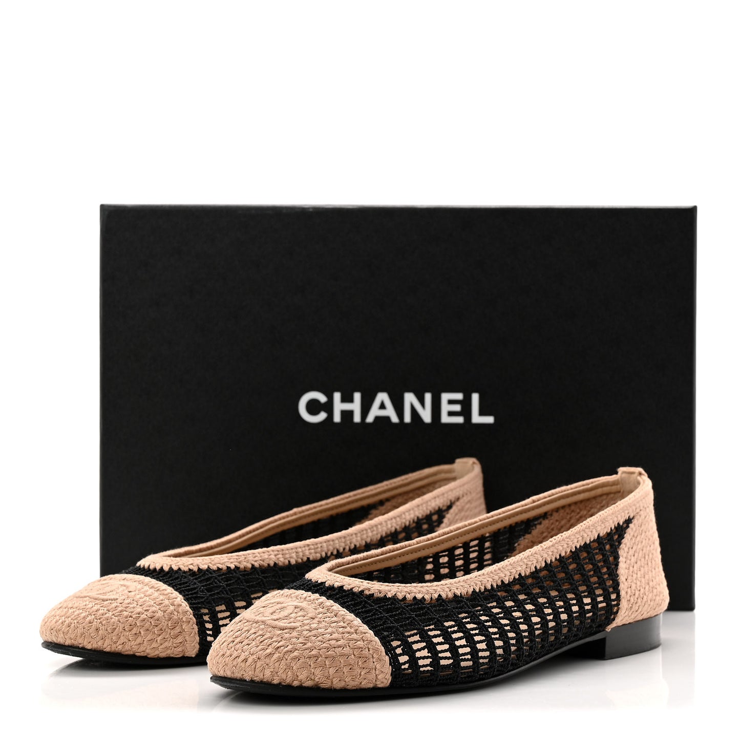 Raffia Cap Toe Ballerina Flats 40 Black Beige