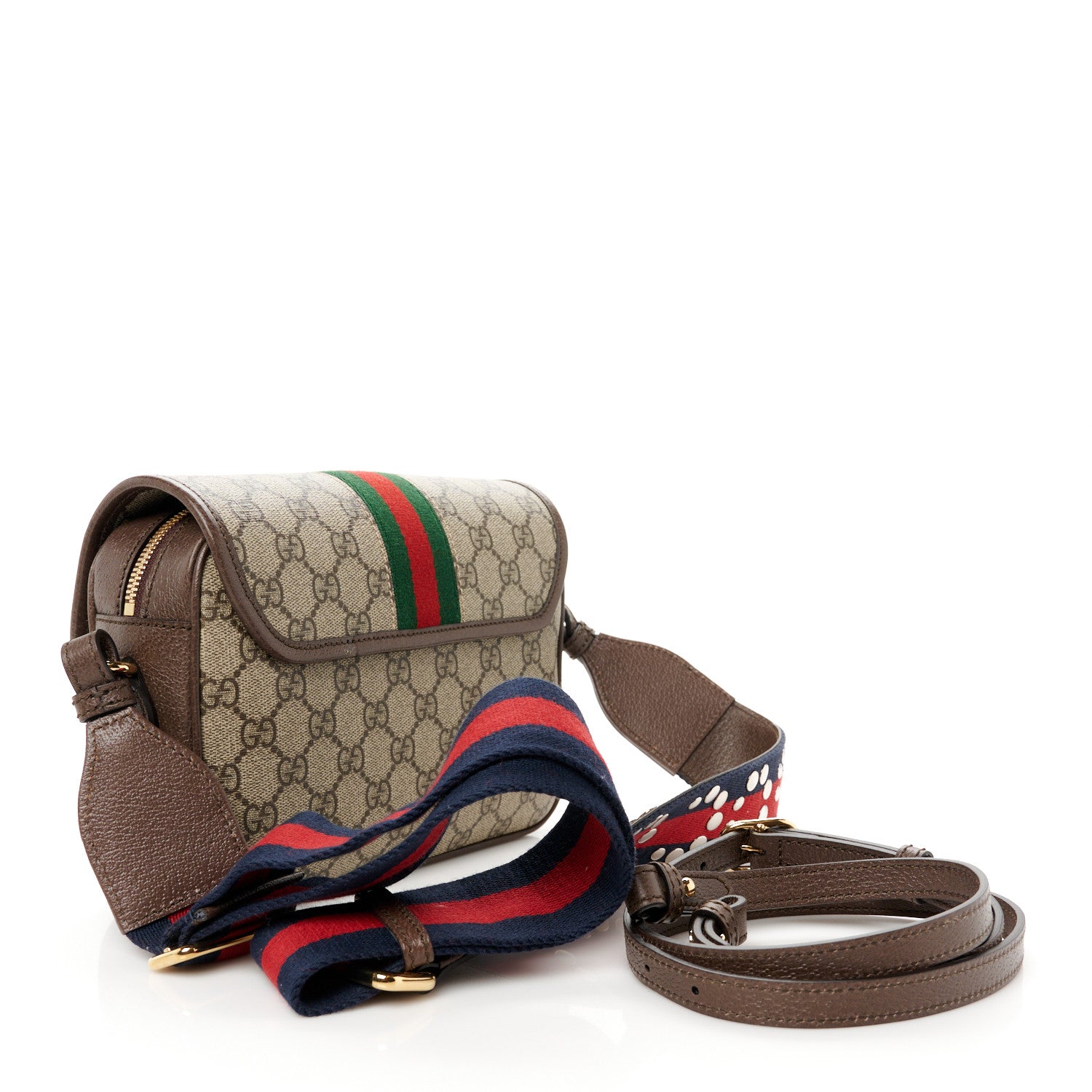 Gucci GG Supreme Monogram Textured Dollar Calfskin Web Studded Mini Ophidia Flap Shoulder Bag Beige Ebony New Acero 3 of 11