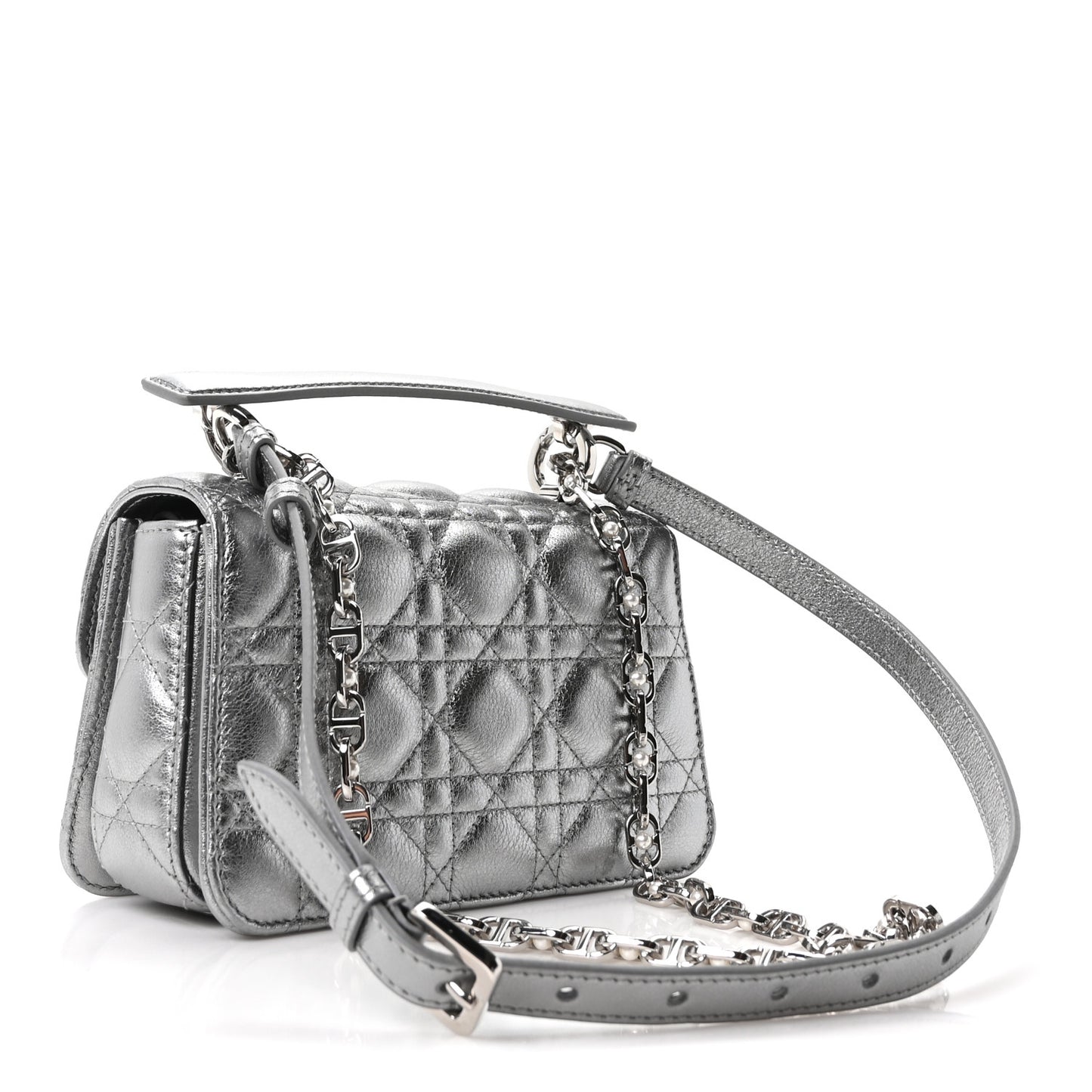 Metallic Lambskin Cannage Mini Jolie Top Handle Bag Silver
