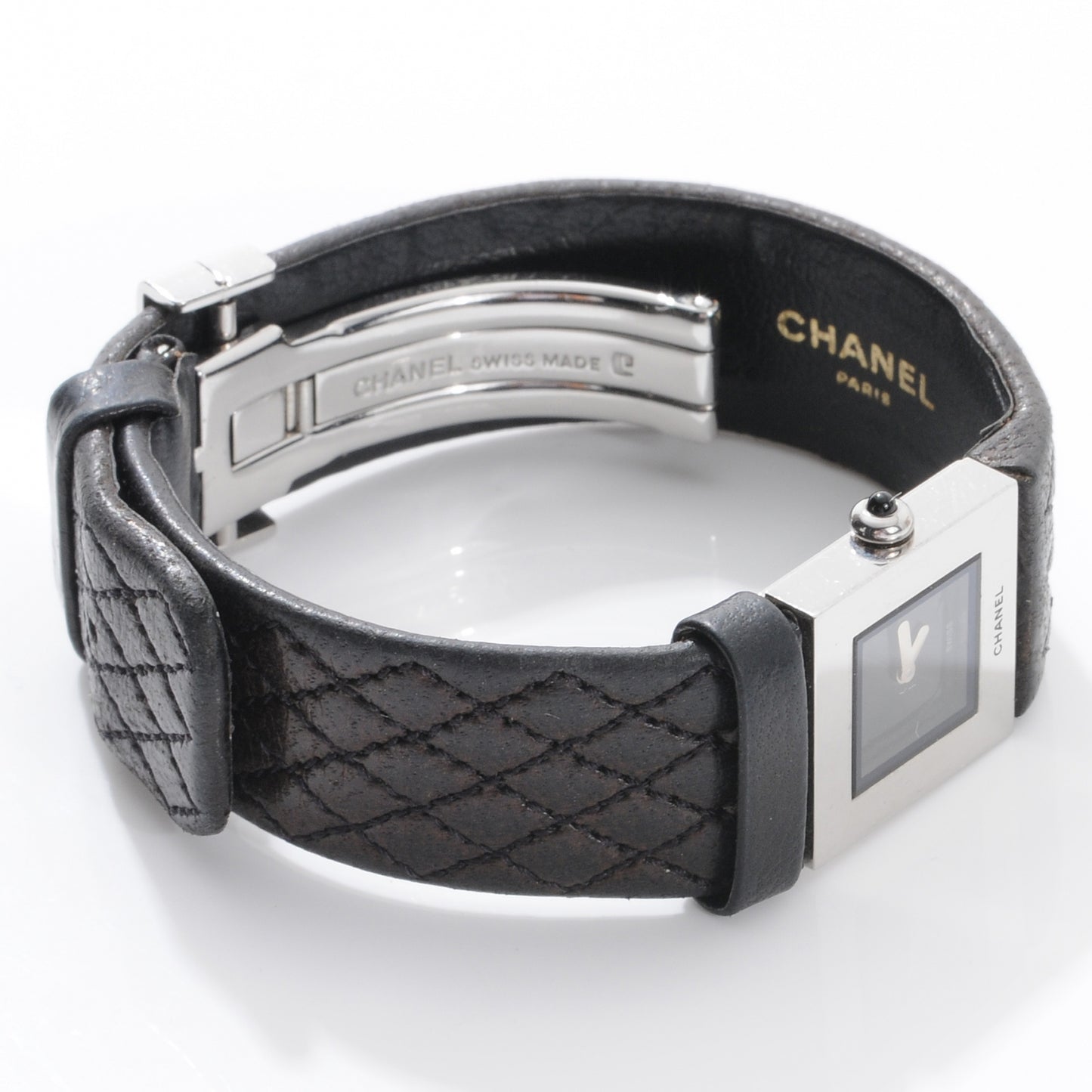 Stainless Steel Calfskin 19mm Quilted Matelasse Quartz Watch Black