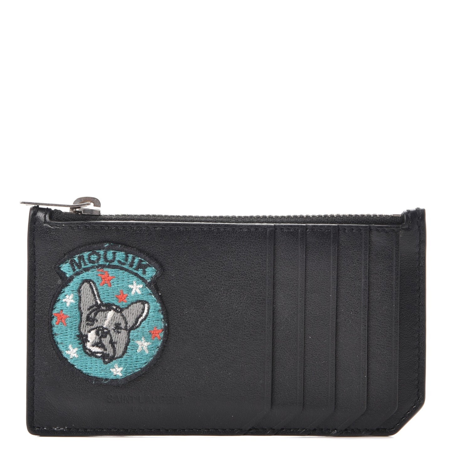 Calfskin Moujik Patch Fragments Zip Pouch Card Holder Black