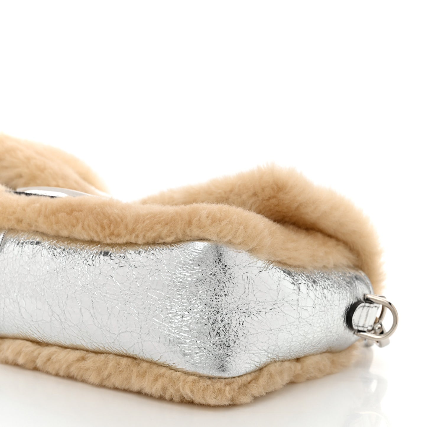 Craquele Lambskin Sheepskin Fur Baguette Argento