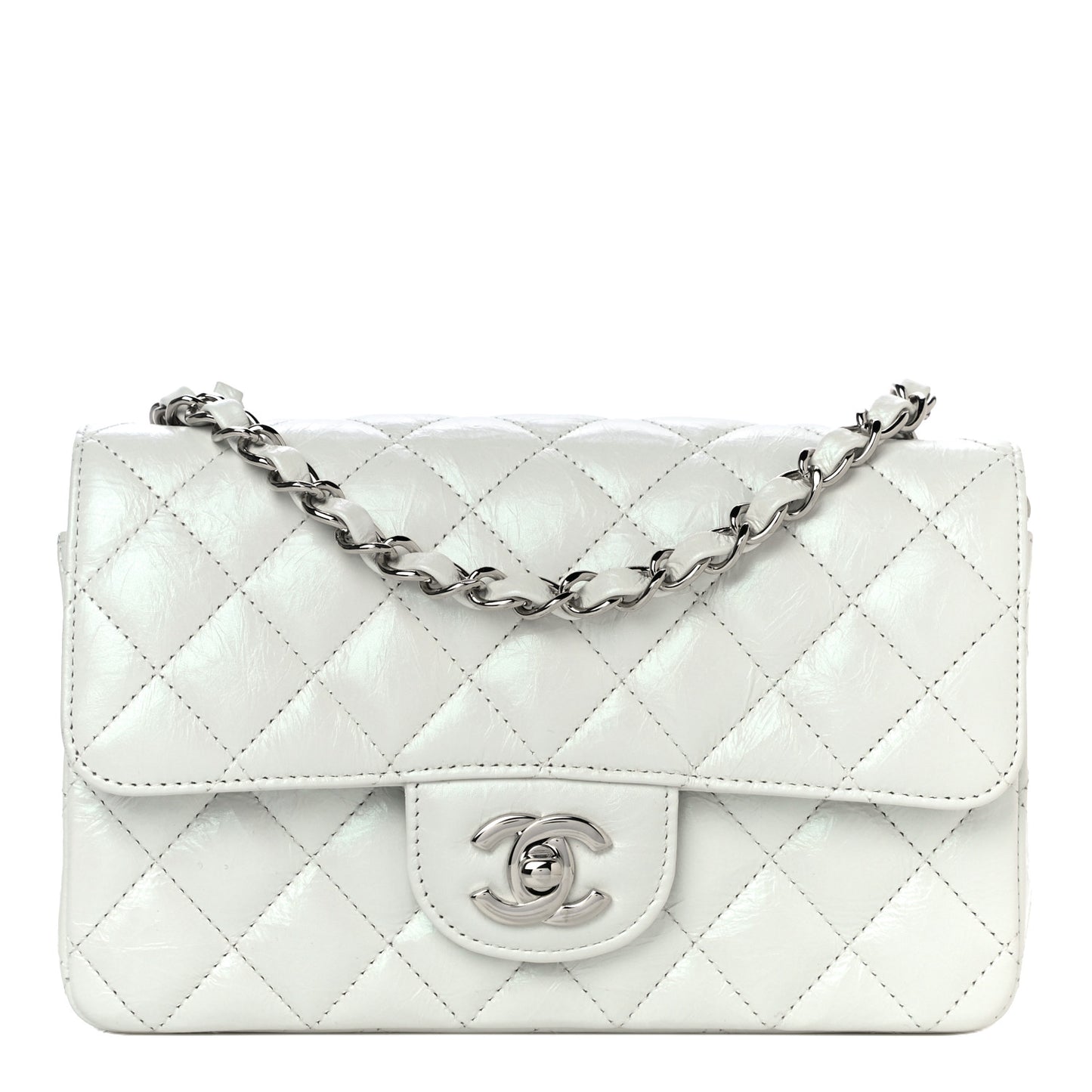 Iridescent Crumpled Calfskin Quilted Mini Rectangular Flap White