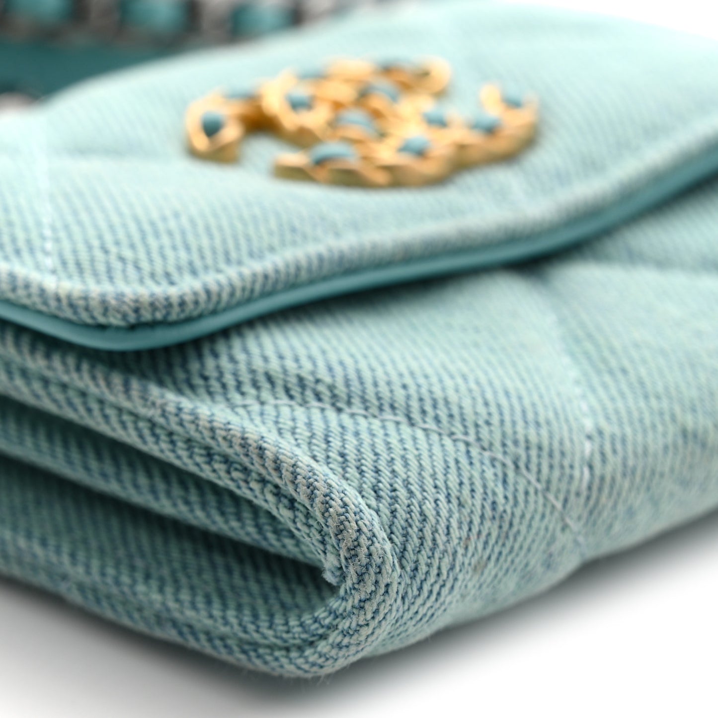 Denim Quilted Chanel 19 Flap Card Holder With Chain Light Blue