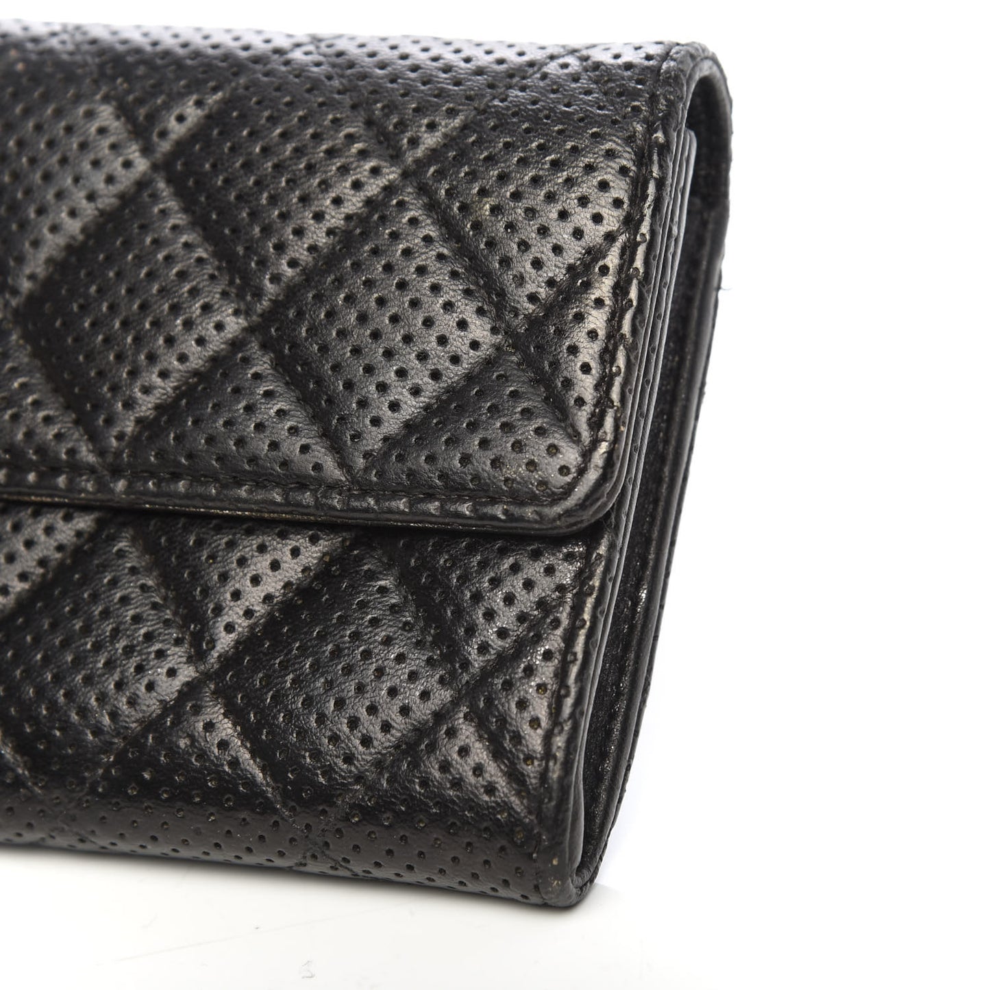 Perforated Lambskin Quilted Large Gusset Flap Wallet Black