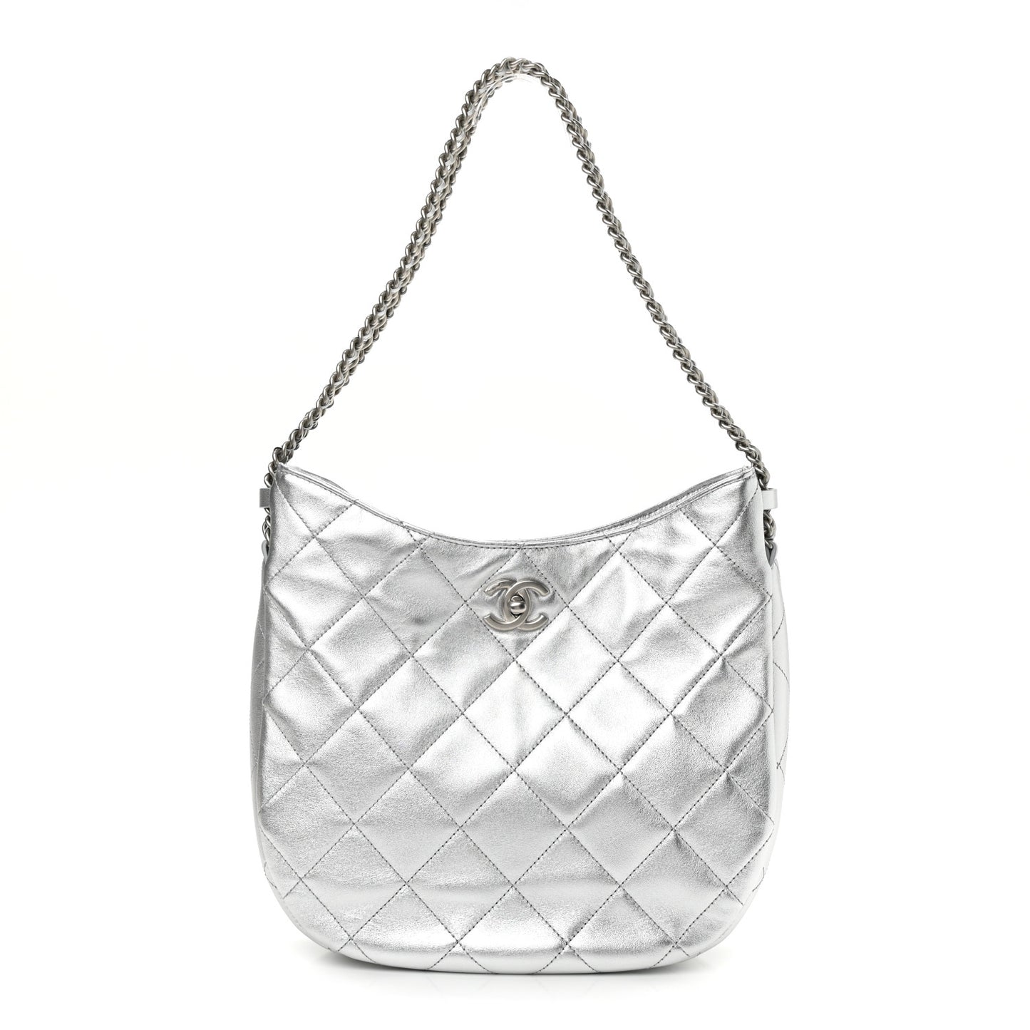 Metallic Lambskin Chain Rows Quilted Chain Hobo Silver