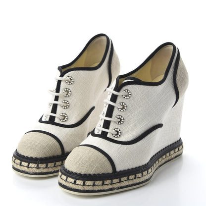 Chanel Raffia Lace Up Wedge Espadrilles 37 Beige 3 of 9