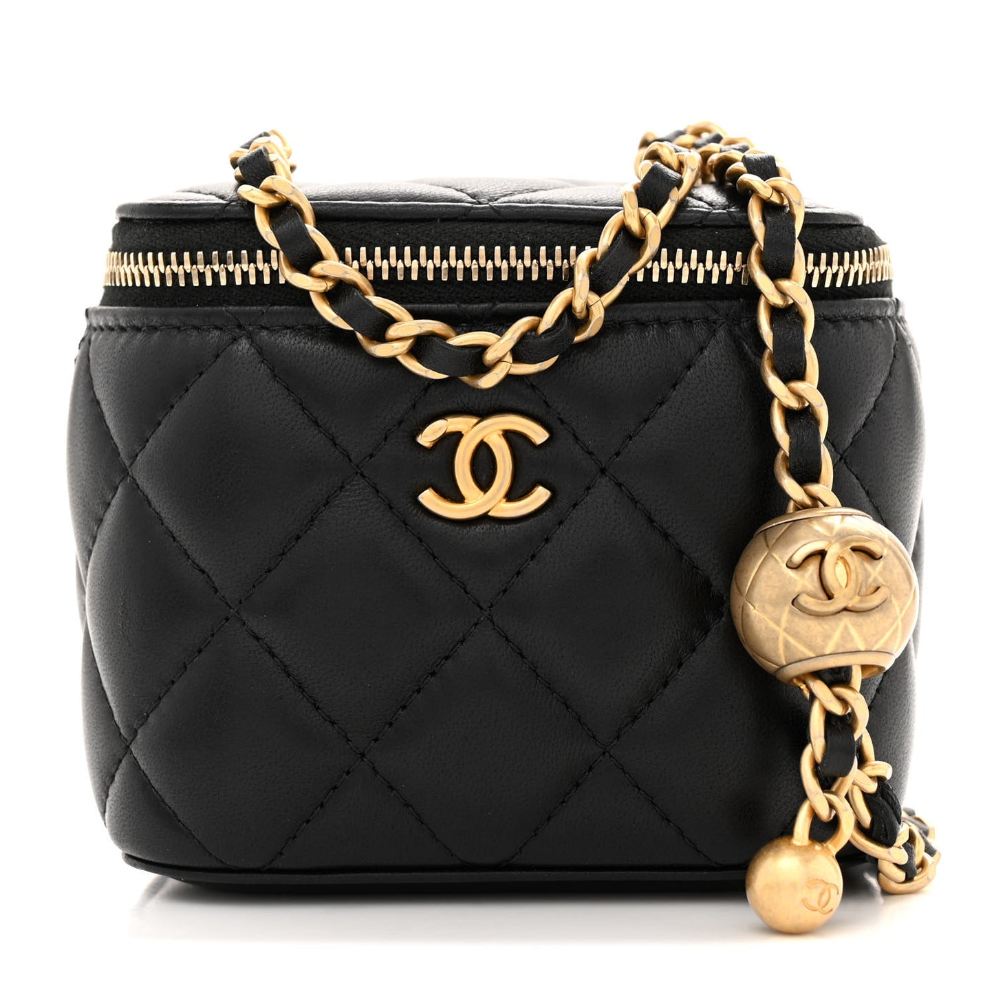 Lambskin Quilted Mini Pearl Crush Vanity Case With Chain Black