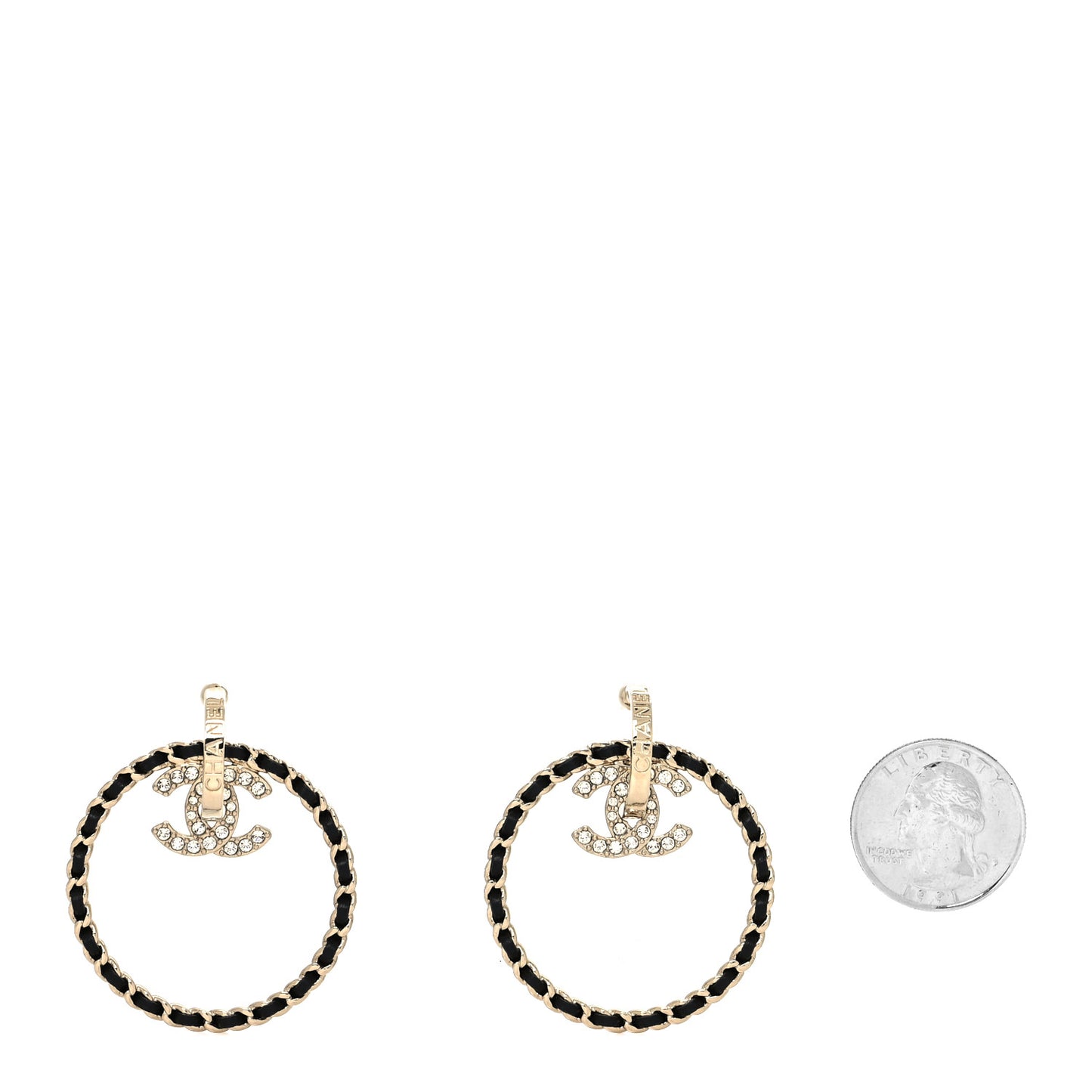 Crystal Lambskin CC Chain Hoop Earrings Gold Black