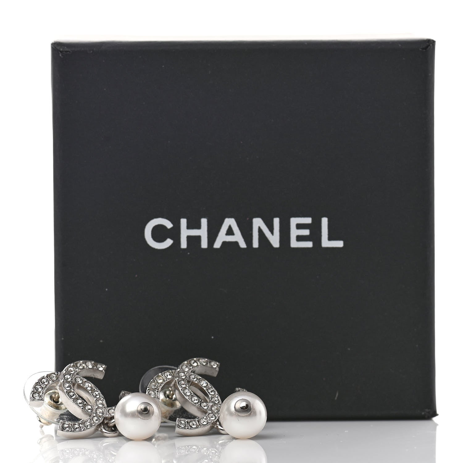 Chanel Crystal Pearl CC Drop Earrings Silver Pearly White 5 of 5