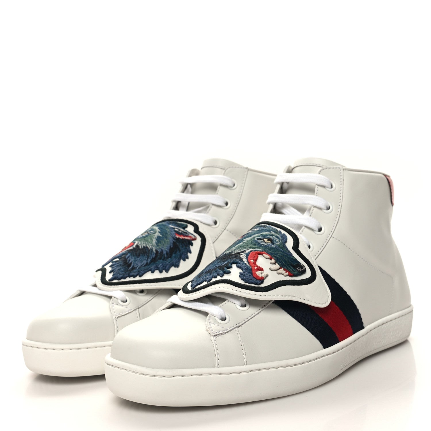Gucci Calfskin Web Wolf Removable Patches Mens Ace High Top Sneakers 8.5 White 3 of 9