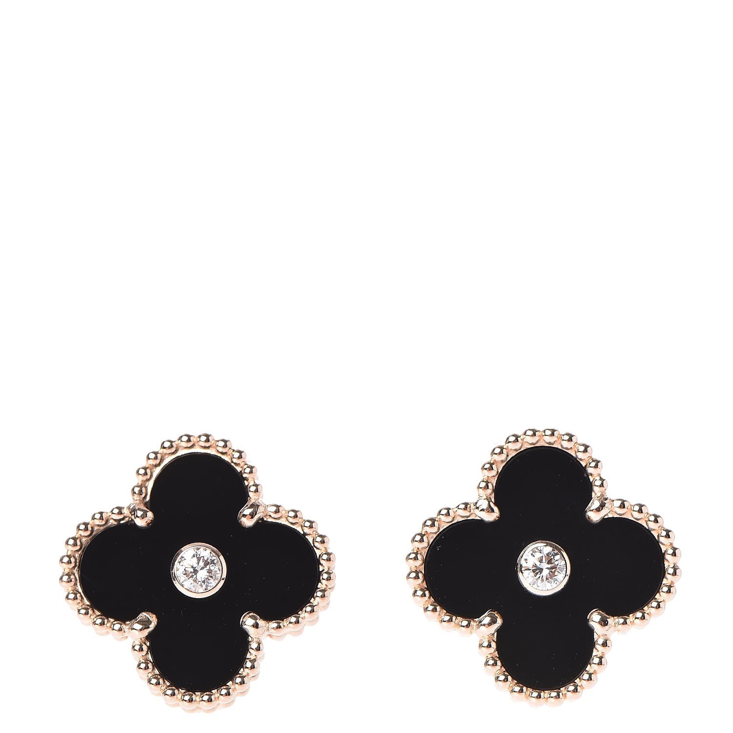 Van Cleef & Arpels 18K Rose Gold Diamond Black Onyx Vintage Alhambra Earrings 1 of 5