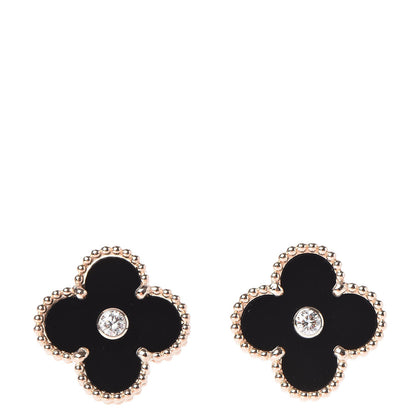 Van Cleef & Arpels 18K Rose Gold Diamond Black Onyx Vintage Alhambra Earrings 1 of 5