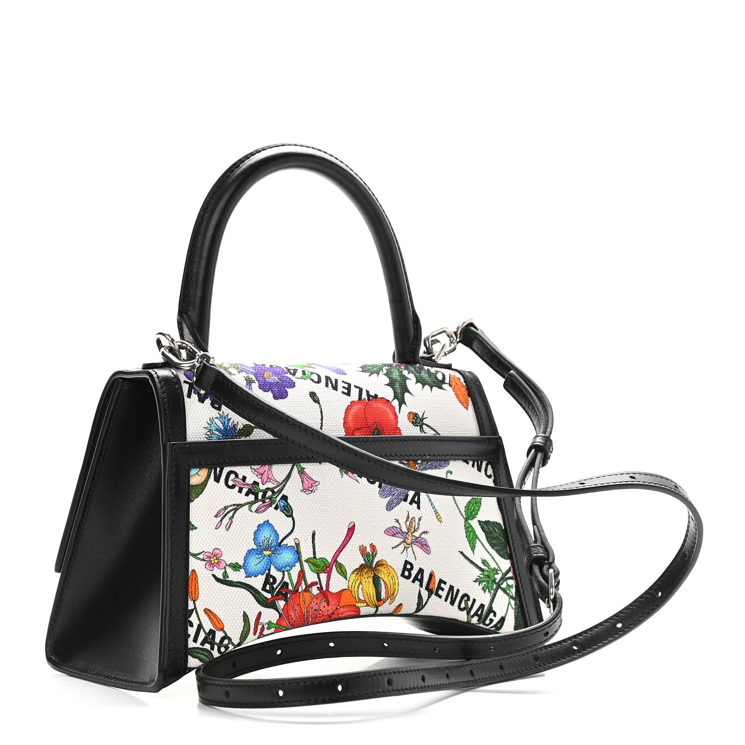 Balenciaga X GUCCI Canvas Boarded Plutone Calfskin Flora Logo Print Small Hourglass Top Handle Bag White Multicolor Black 3 of 8