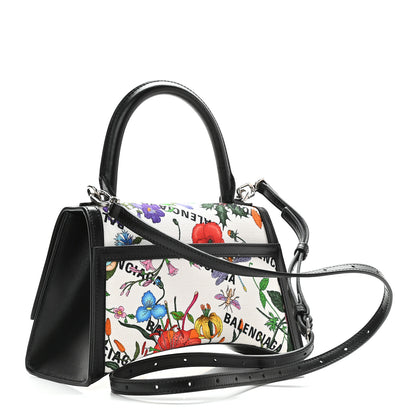 Balenciaga X GUCCI Canvas Boarded Plutone Calfskin Flora Logo Print Small Hourglass Top Handle Bag White Multicolor Black 3 of 8