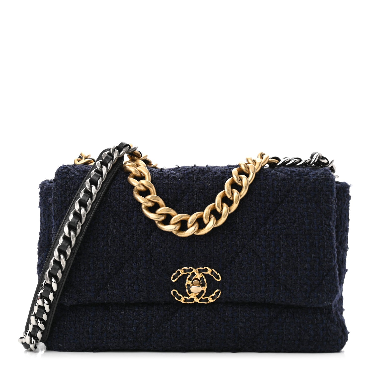 Chanel Tweed Quilted Large Chanel 19 Flap Navy Blue 1 of 10