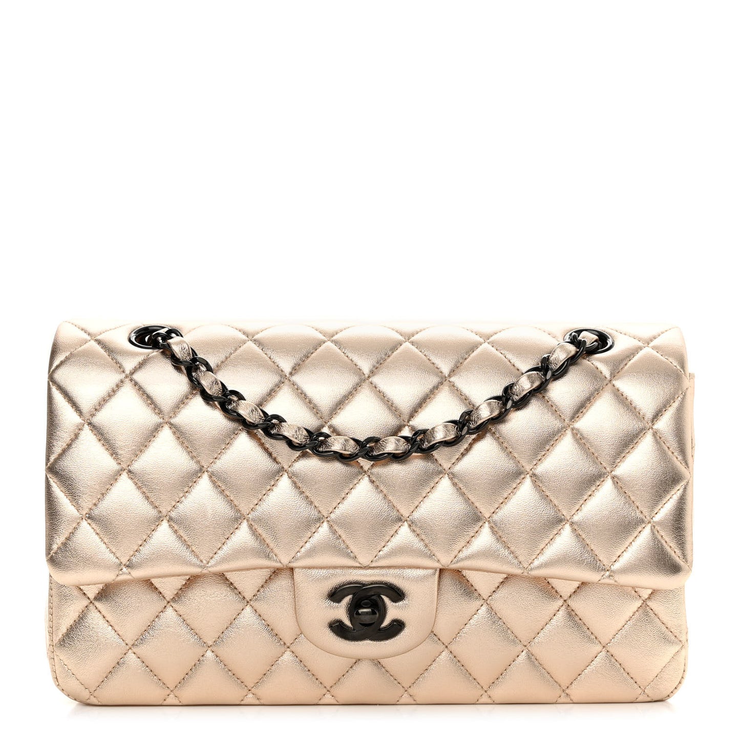 Metallic Lambskin Quilted Medium Double Flap Gold Black