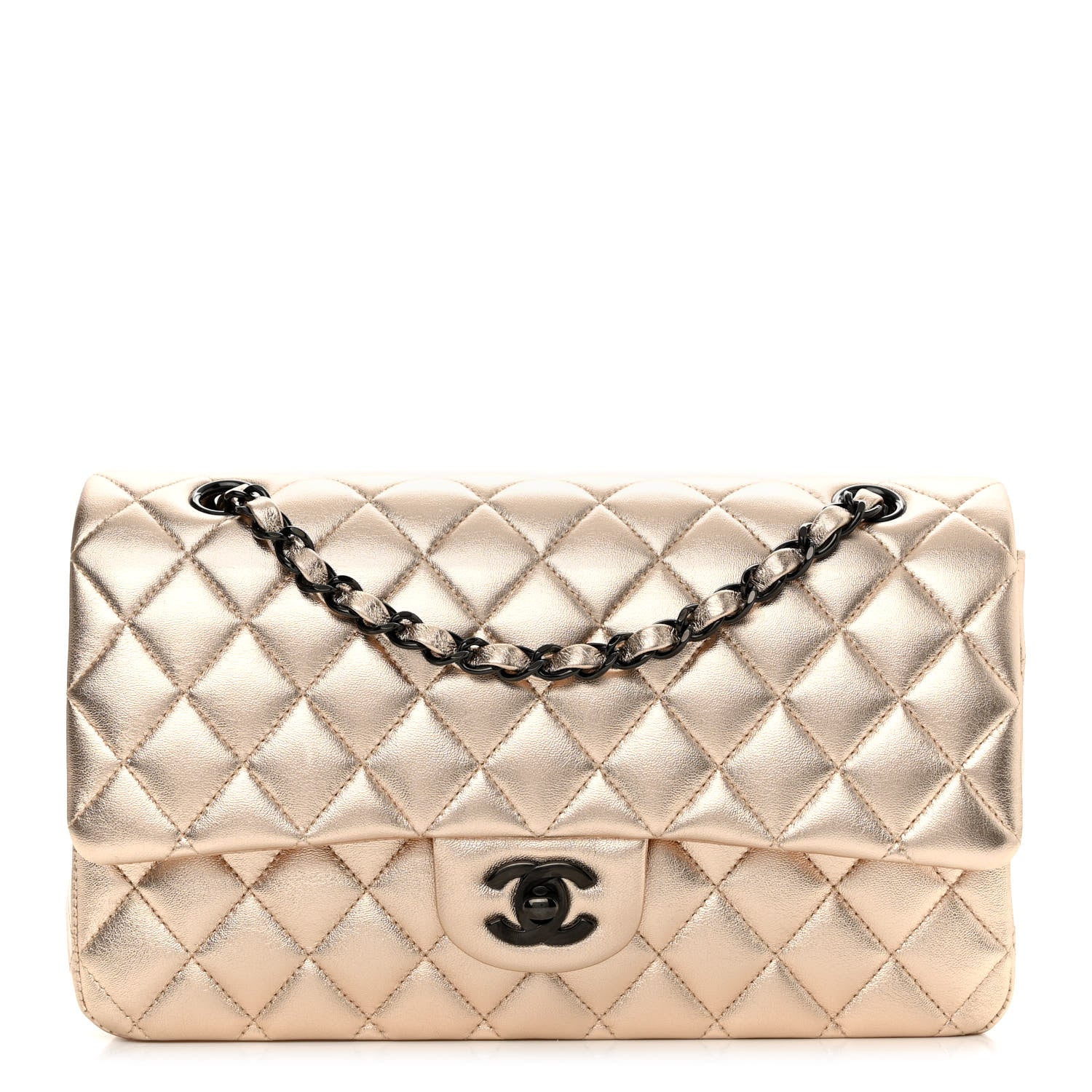 Chanel Metallic Lambskin Quilted Medium Double Flap Gold Black 1 of 9