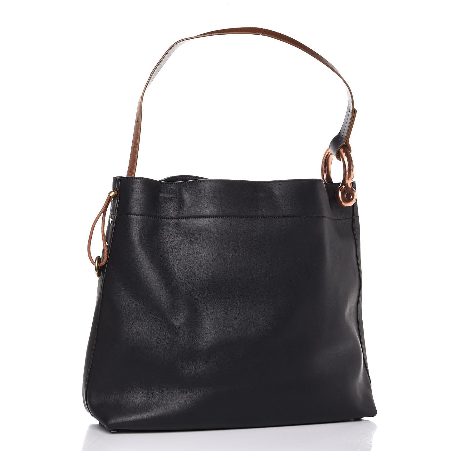 Calfskin Fisherman Hook Drawstring Hobo Bag Black