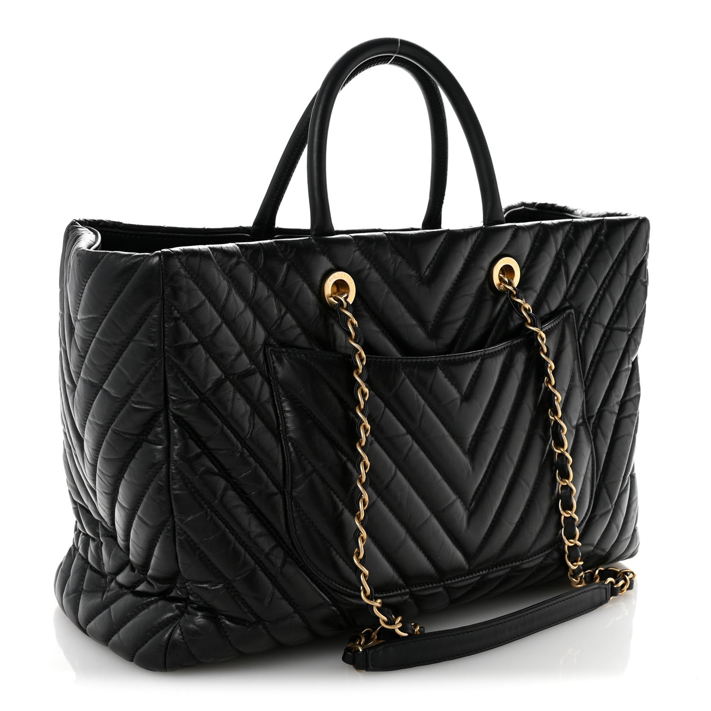 Aged Calfskin Chevron Large Coco Handle Shopping Tote Black