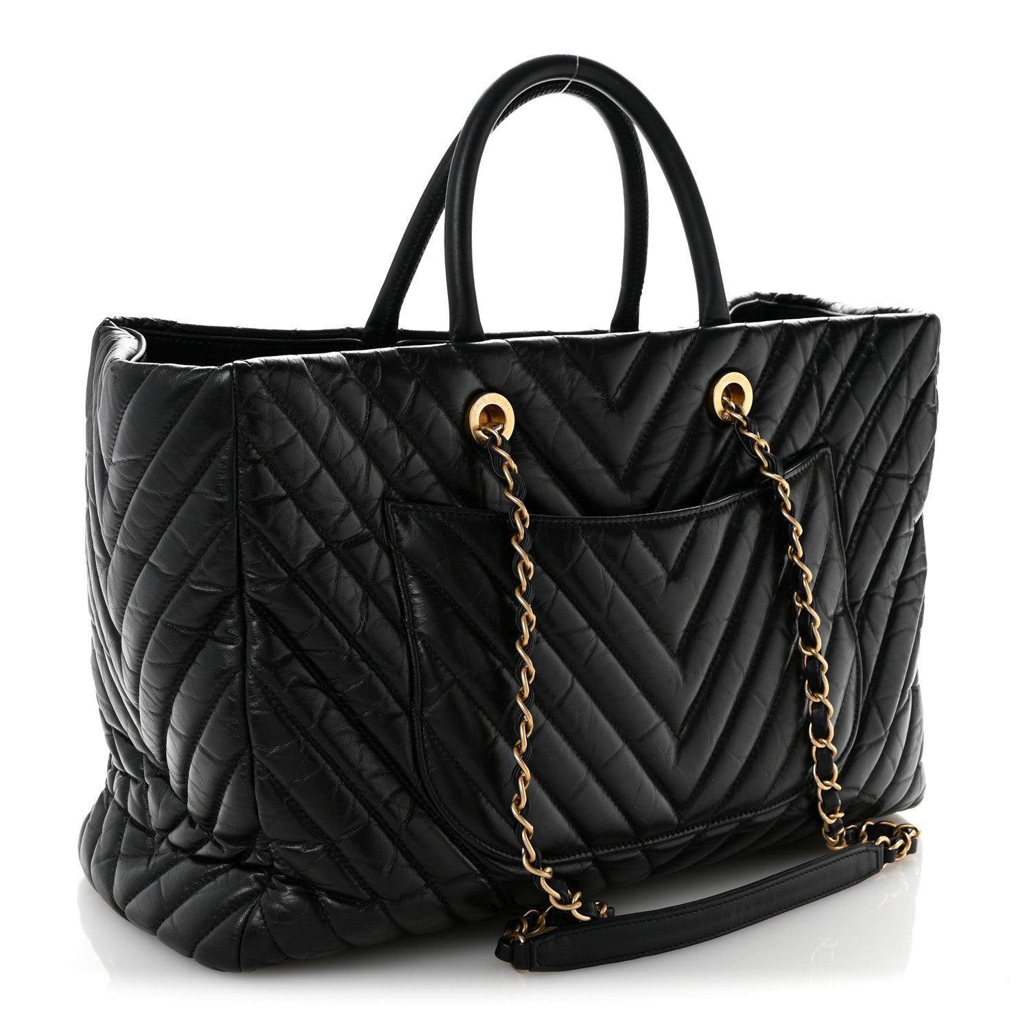 Chanel Aged Calfskin Chevron Large Coco Handle Shopping Tote Black 3 of 14