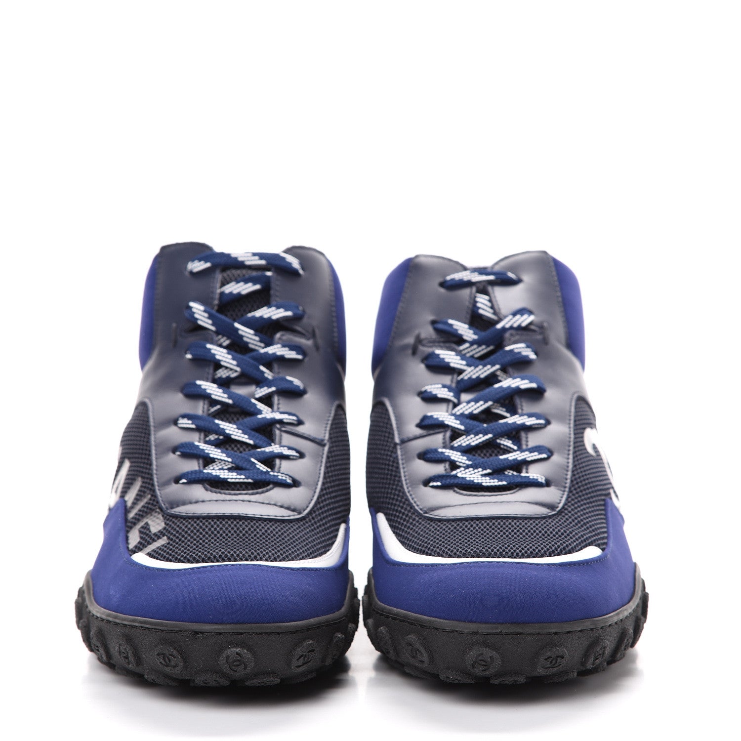 Chanel Calfskin Mesh Lycra Womens Logo High Top Sneakers 40.5 Navy 2 of 9