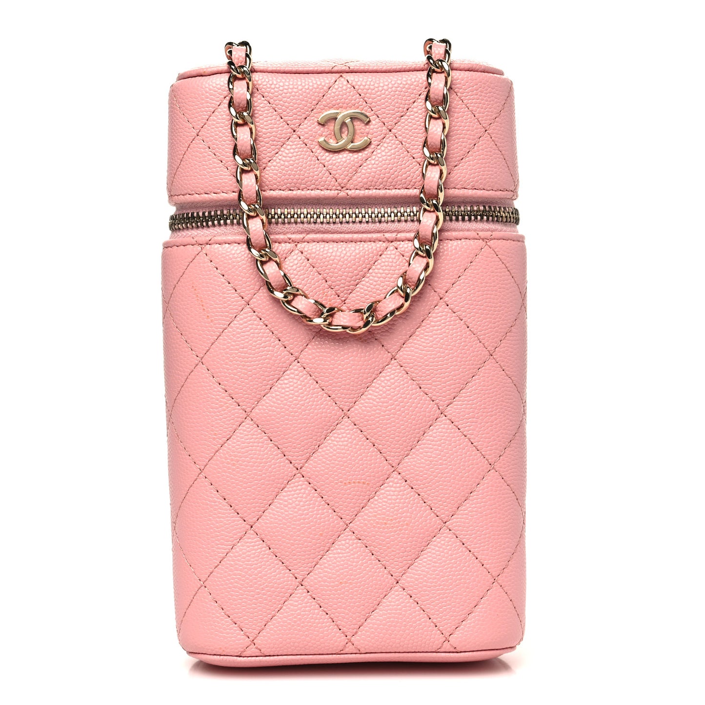 Caviar Quilted Phone Holder With Chain Pink