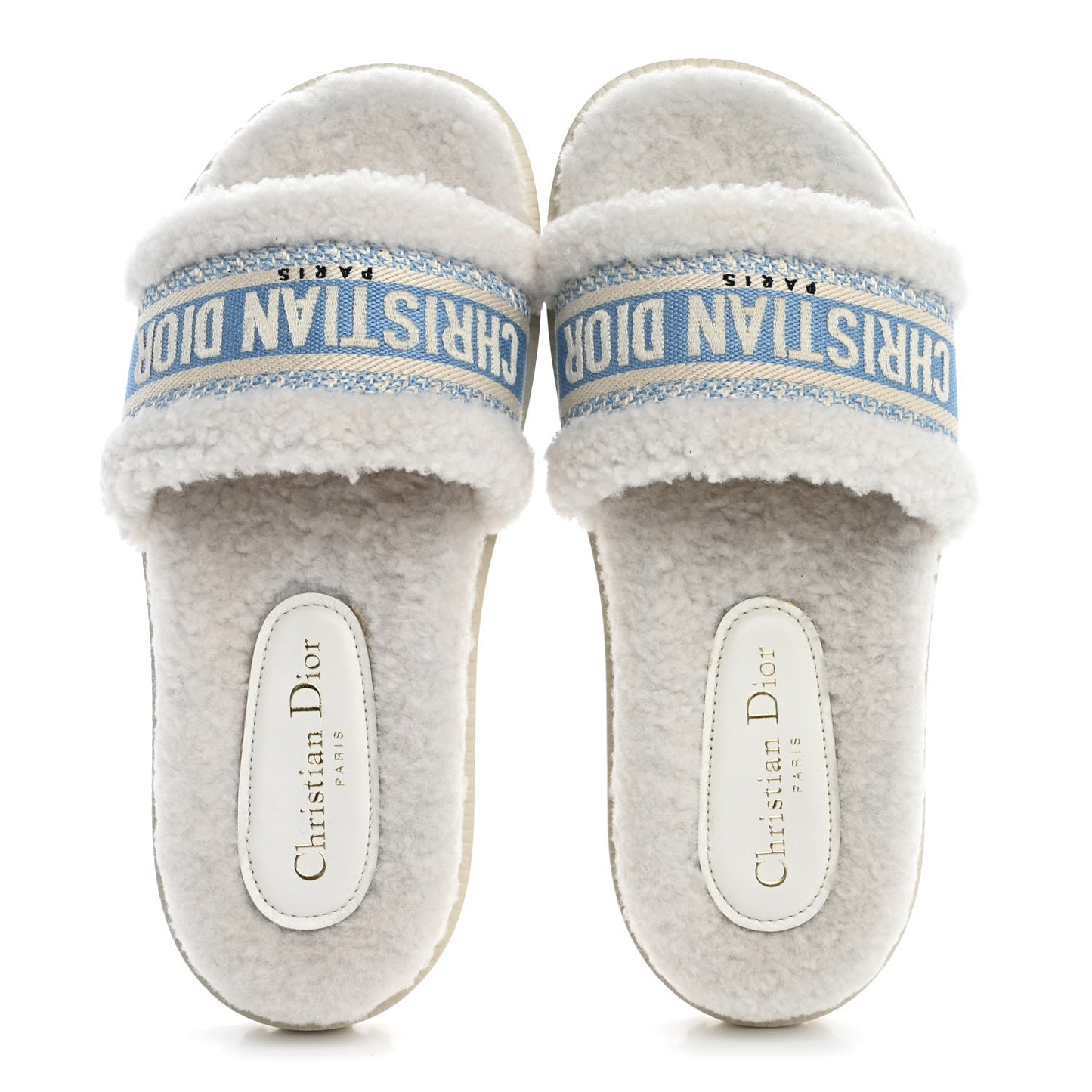 Shearling Canvas Embroidered Dway 10mm Slide Sandals 37.5 Natural Light Blue