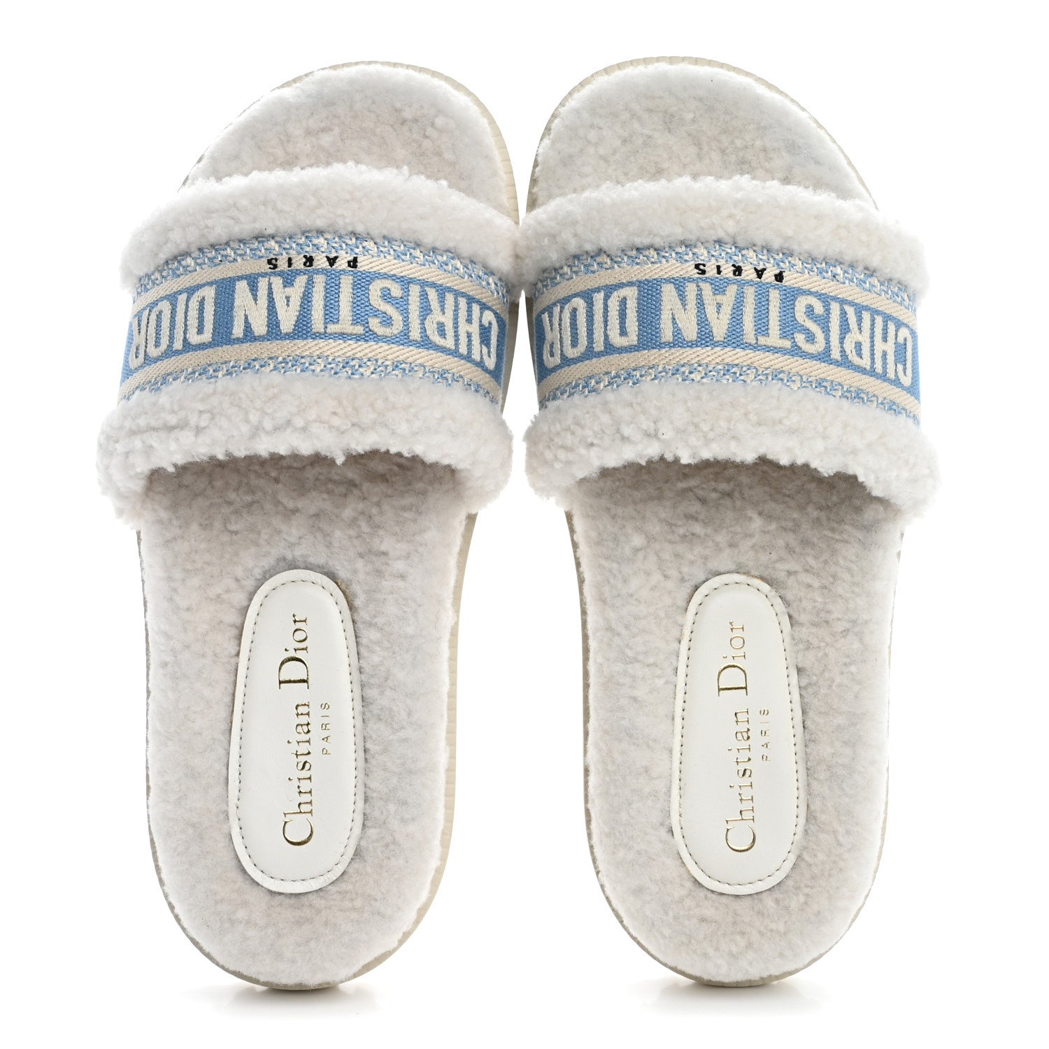 Christian Dior Shearling Canvas Embroidered Dway 10mm Slide Sandals 37.5 Natural Light Blue 2 of 10
