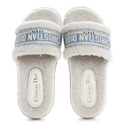 Christian Dior Shearling Canvas Embroidered Dway 10mm Slide Sandals 37.5 Natural Light Blue 2 of 10