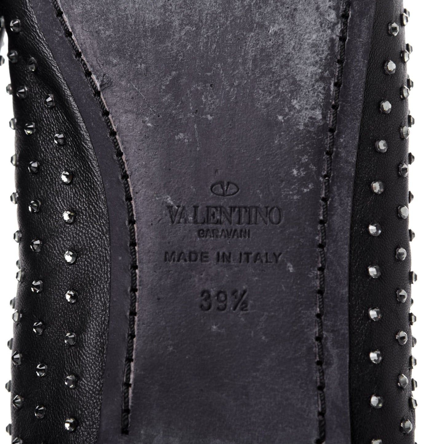 Nappa Crystal Studded Rockstud Cross Strap Ballerina Flats 39.5 Black