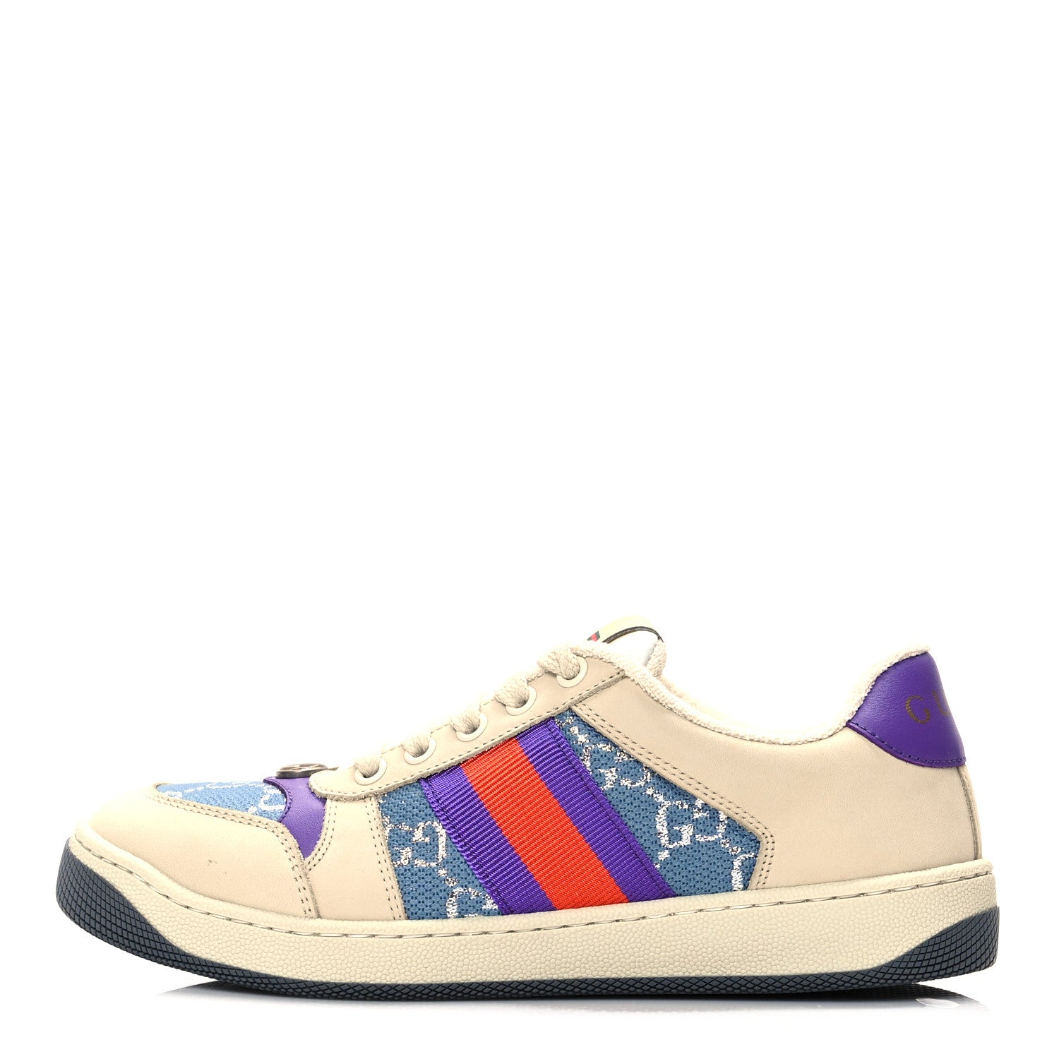 Gucci Calfskin Lame GG Monogram Web Womens Screener Sneakers 36 Blue Silver Dusty Milk Shine Purple 1 of 11