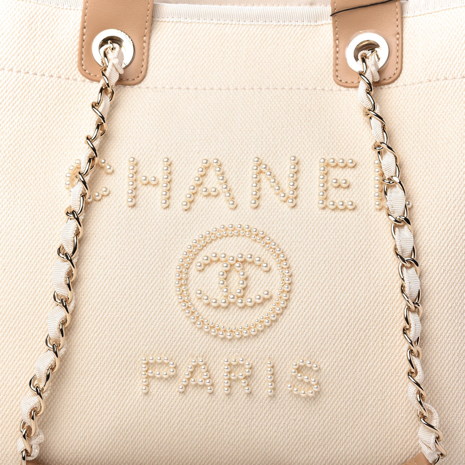 Chanel Canvas Pearl Medium Deauville Tote Ecru Beige 9 of 10