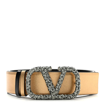 Valentino Garavani Calfskin Crystal VLogo 40mm Reversible Belt 110 44 Black Gold 1 of 7