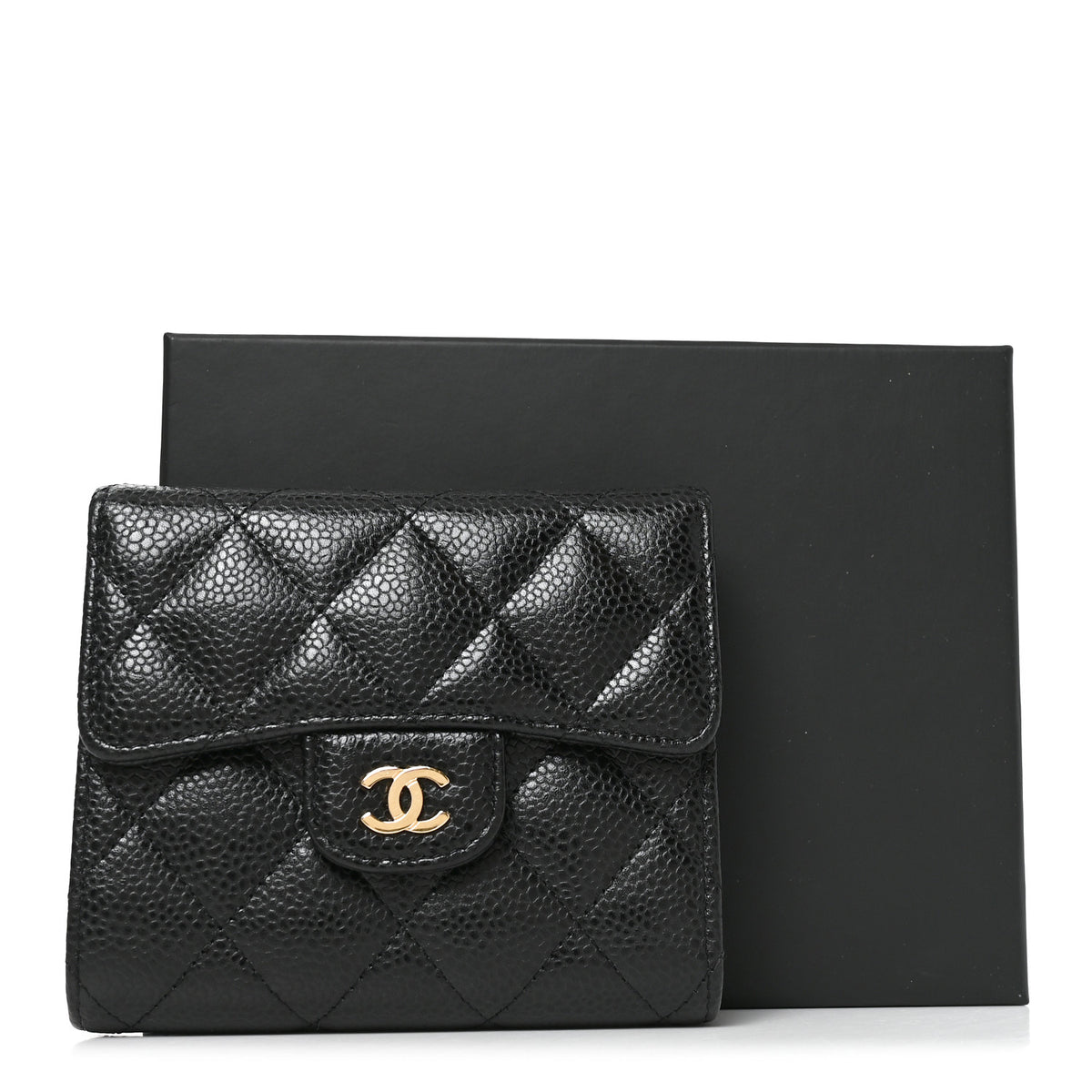 Caviar Quilted Compact Flap Wallet Black
