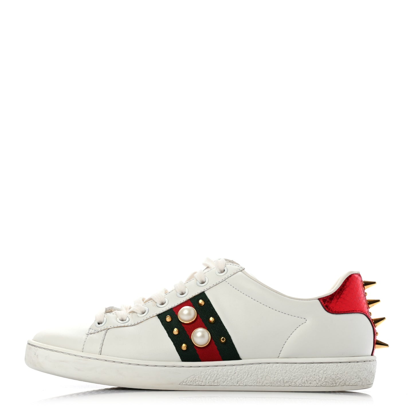 Calfskin Web Pearl Studded Womens Ace Sneakers 37.5 White