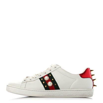 Gucci Calfskin Web Pearl Studded Womens Ace Sneakers 37.5 White 1 of 9